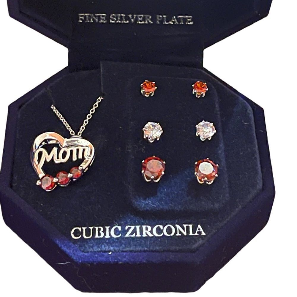 Silver Plate red & clear Cubic Zirconia Heart Necklace and Stud Earring Set